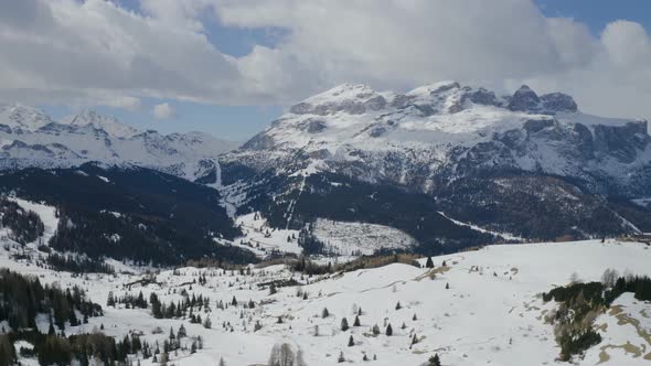  Aerial, Snowy Dolomites Mountains, Huge Peaks And Beautiful Winter Landscape