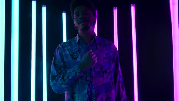 Portrait Young Stylish African American Male Smiling Dancing Happily Sings alt