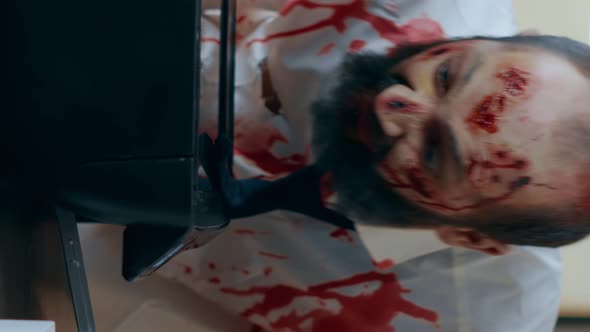 Vertical Video Stupid Zombie with Blood on Clothes Photocopying His Own Face While in Office alt