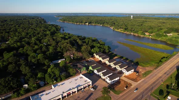 Aerial footage of Cedar Creek Lake in Texas.  Camera is heading south from Gun Barrel City. alt
