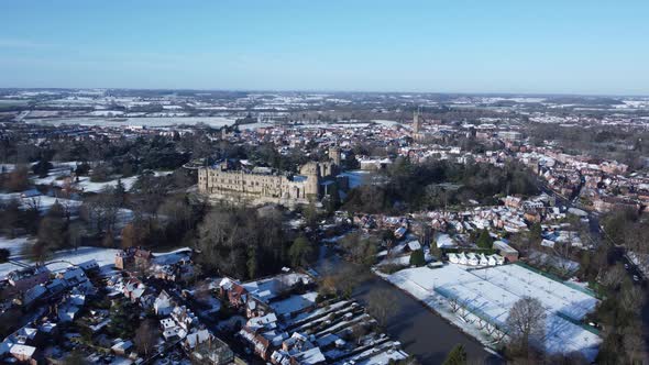 Aerial Warwick Castle And Town Snow River Avon