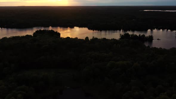 Beautiful Aerial Summer Sunset Above Green Forest And Lake 02