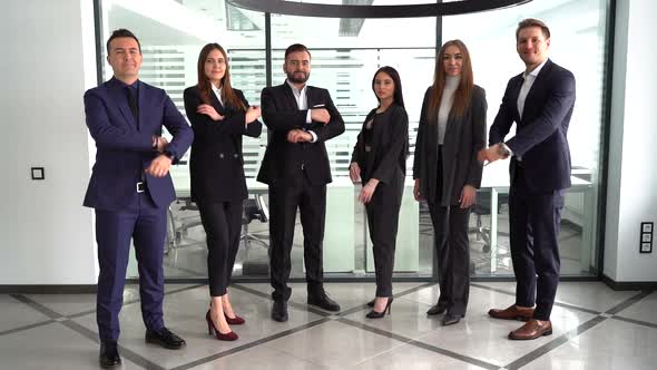 Business Colleagues Headed with Boss, Posing To Camera Over in Office,slow Motion