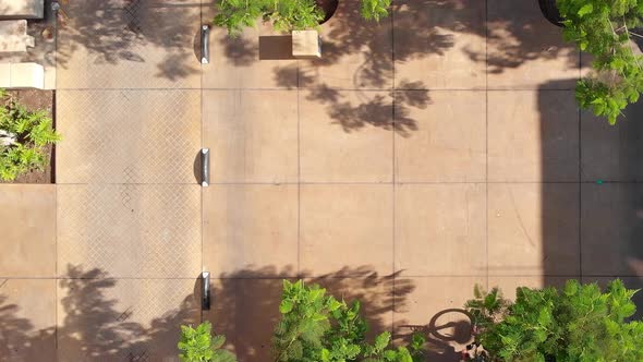 People cycling on streets in a residential area - top down aerial view with green tree branches alt