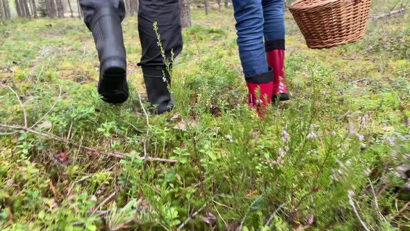 Dad and Daughters Feet Legs Walking Through the Woods in Rubber Boots with Basket of Mushrooms alt