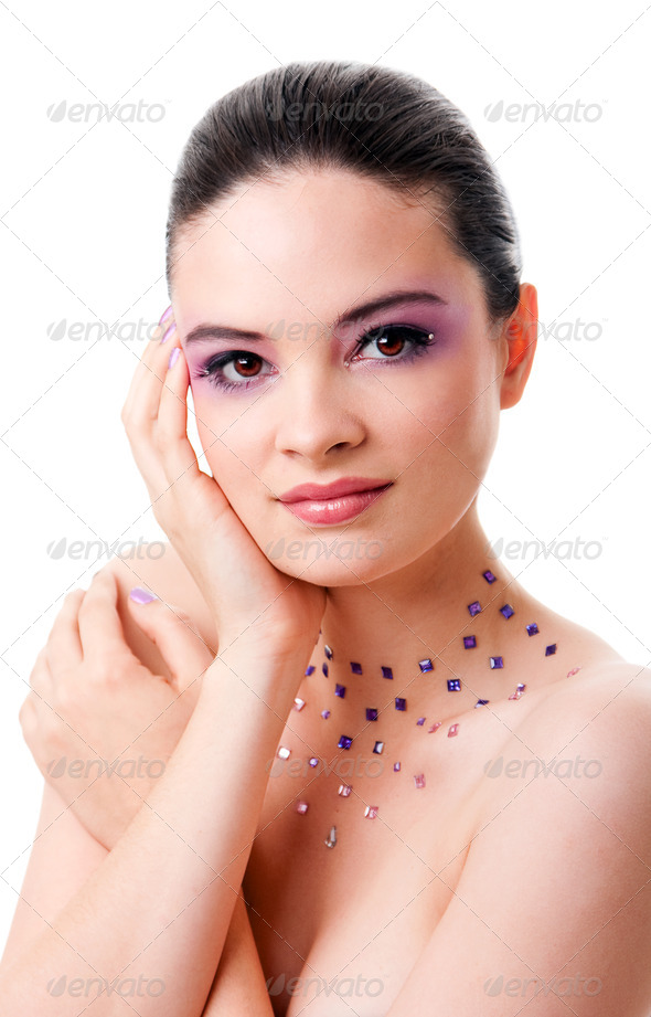 Fashion face with purple makeup gems - Stock Photo - Images