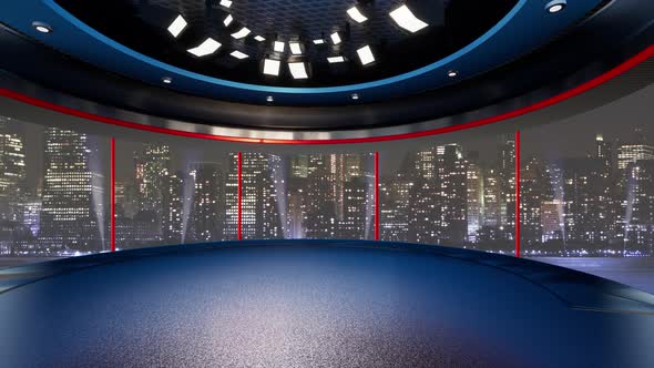 TV News Virtual Studio With Night City Background And Floodlights C alt