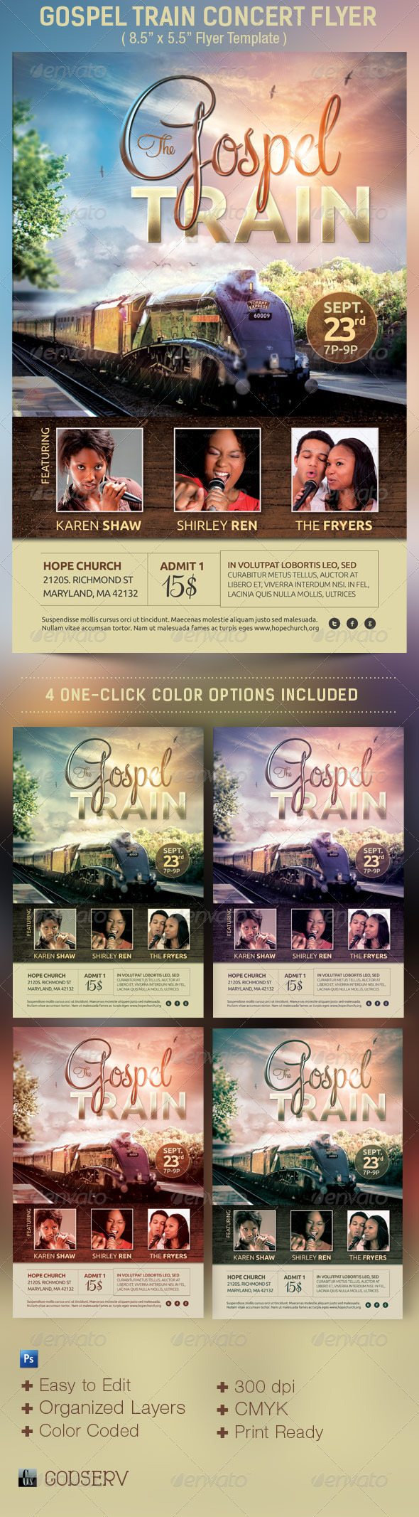 Gospel Train Church Concert Flyer Template - Church Flyers