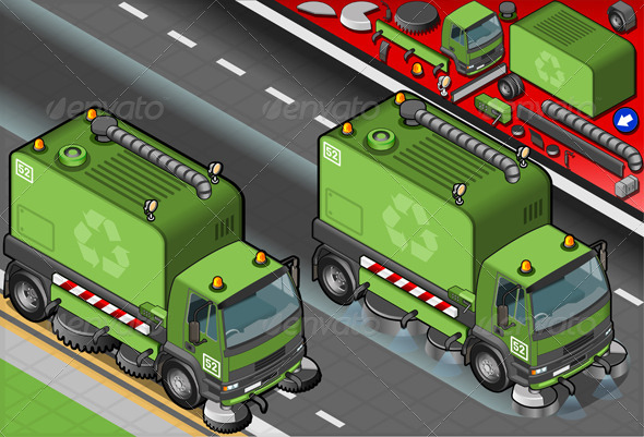 Isometric Garbage Cleaner Truck in Front View - Conceptual Vectors
