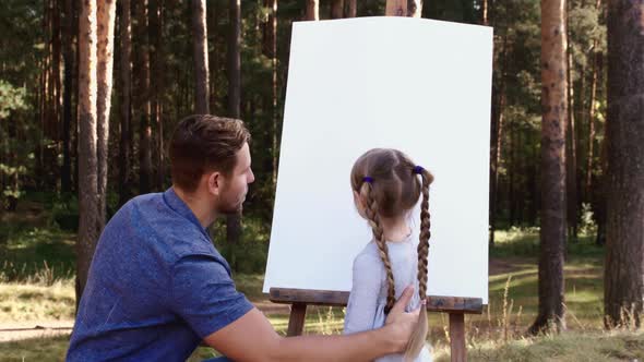 Happy Family Young Father Drawing Coloring Picture with Brush Helping Cute Child Daughter Enjoying alt