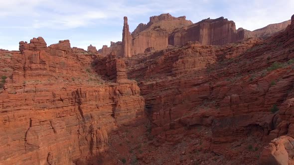 Aerial view of the Fisher Towers from Onion Creek in the Utah desert alt