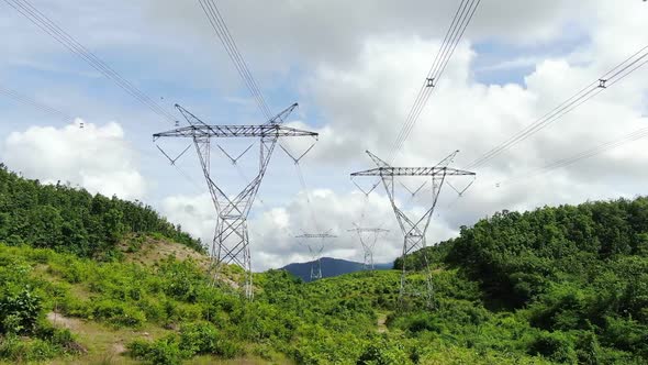 Aerial Shot Of Drone, High Voltage Electric Towers. alt