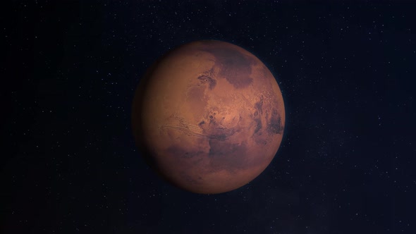 Photorealistic Mars rotating slowly in space with stars on a black background