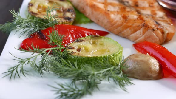 Grilled Salmon Fish Steak Served with Vegetables Seafood Concept alt