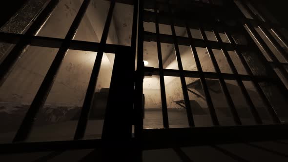 View of the old grunge prison cell interior seen through jail bars. Bottom view. alt
