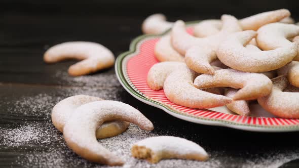 Plate Full of Traditional German or Austrian Vanillekipferl Vanilla Kipferl Cookies alt