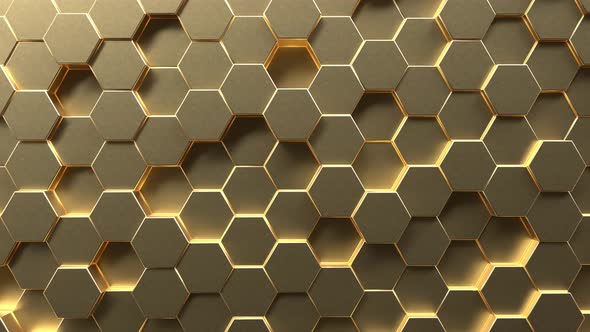 Golden hexagon honeycomb moving up and down randomly background
