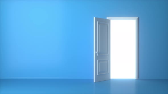 Open white door on blue background. Light shines from door opening ...