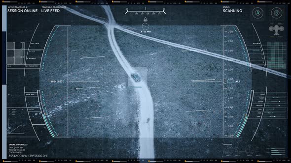 A Robot Drone Camera is Pursuing the Black Off-road Vehicle Found out of Town alt