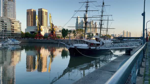 Ancient Corvette Moored at Puerto Madero District, Buenos Aires, Argentina. 4K.
