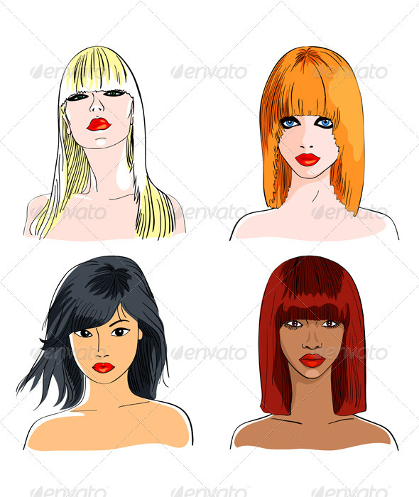 Vector set blond and foxy caucasian, asian and afr