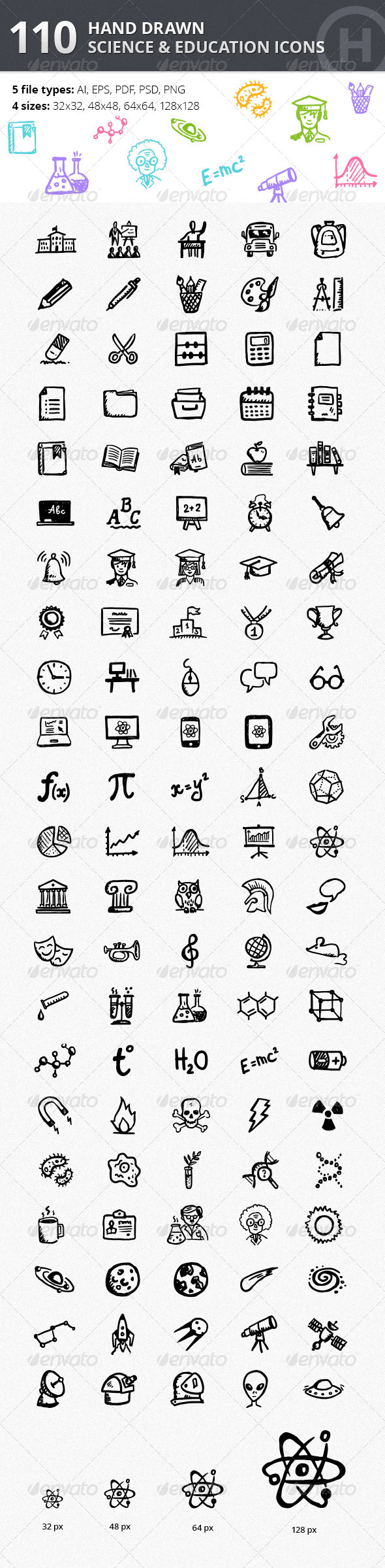 110 Hand-drawn Science & Education Icons