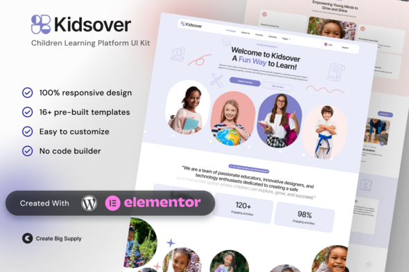 Kidsover Children?s Learning Platform Elementor Template Kit for Online Education and Early Learning