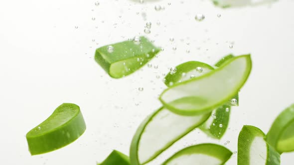 Slow Motion of Aloe Vera Plant Slices Falling Into Water and Splashing