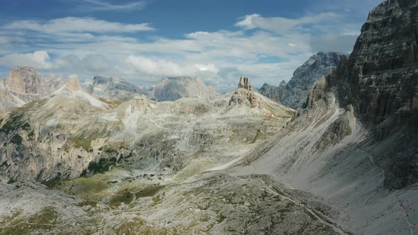 Aerial View Over Locatelli Dreizinnen Refuge at Three Peaks of Lavaredo  Tre Cime Di Lavaredo alt