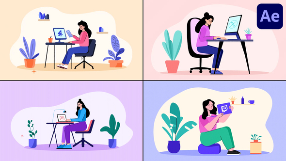 Girl Working On Computer Explainer for After Effects Openers template preview