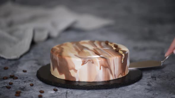 Delicious Coffee Mousse Cake Covered with Mirror Glaze