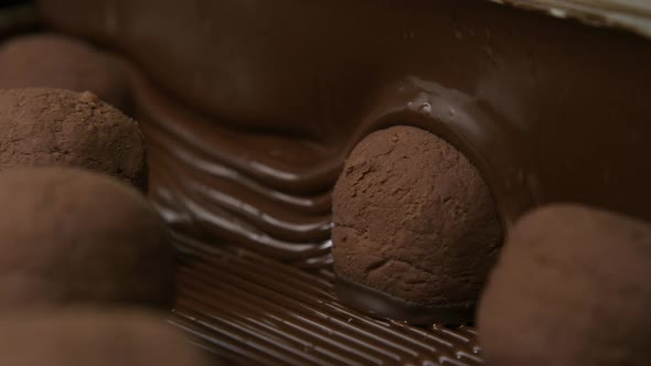 Chocolate truffles on a conveyor belt at candy factory