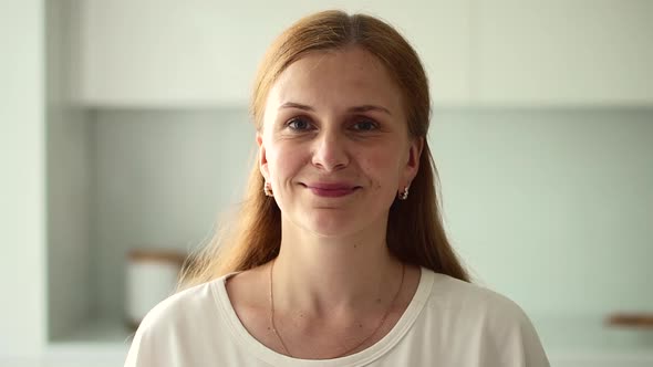 Healthy Woman Stand at Modern Kitchen Interior and Smile While Looking at Camera Spbd alt