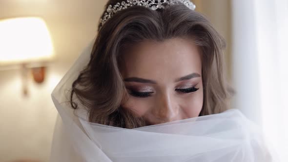 Beautiful and Lovely Bride in Night Gown and Veil. Wedding Morning Preparation alt