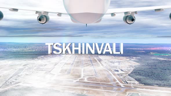 Commercial Airplane Over Clouds Arriving City Tskhinvali alt
