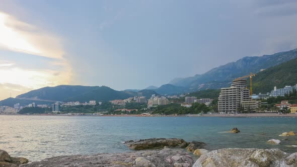 Time lapse, view on the Adriatic sea coastline near the Budva city in Montenegro
