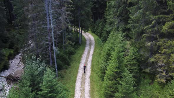 Aerial Drone View of Young Romanian Adventure Traveler Trekking Wilderness