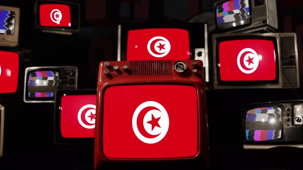 Flag of Tunisia on Retro TVs. 4K.