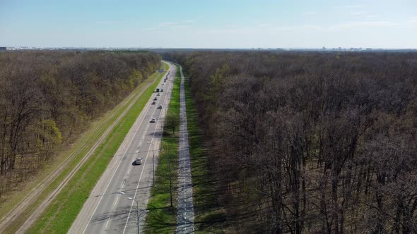 Aerial view on road driveway with bicycle lane