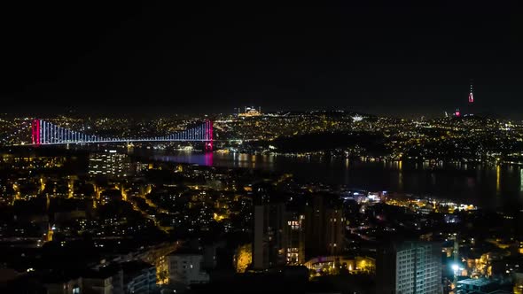 Aerial Night view of Istanbul, Bosphorus with illuminated Bridges.