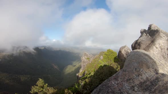 The summit of the Pinnacles, Coromandel, New Zealand. Panement left, wide angle alt