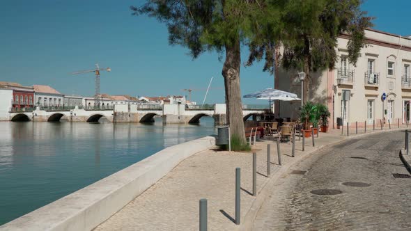 The Ancient Historic Portuguese Town of Tavira Walks Along the Arab Bridge on the River Gilao on the alt