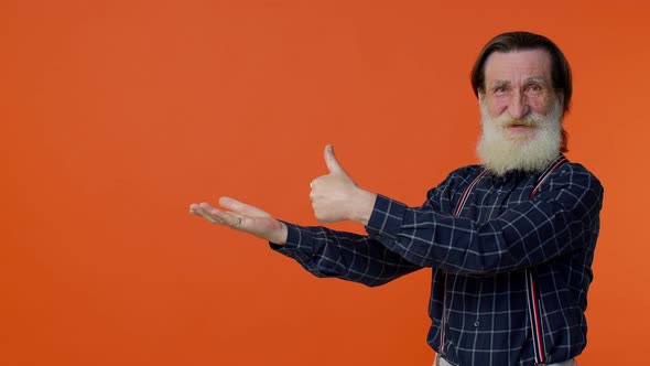 Senior Old Bearded Man Showing Thumbs Up and Pointing at Left on Blank Space Advertisement Logo alt