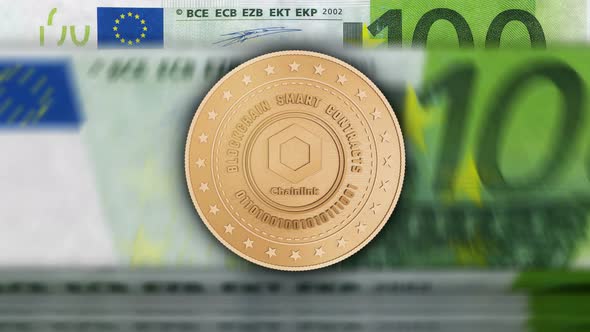 Chainlink link cryptocurrency golden coins over Euro banknotes loop alt