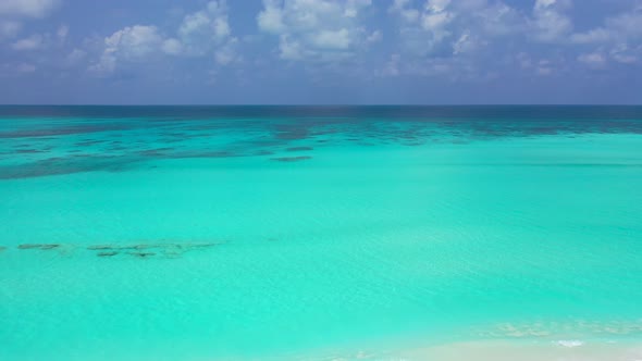 Luxury overhead island view of a white sandy paradise beach and blue water background in colorful  alt