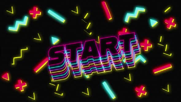 Animation vintage video game screen with word start written alt