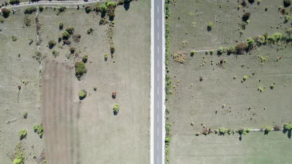 Top Aerial View of an Empty Asphalt Road on the Plateau Between Green Fields alt