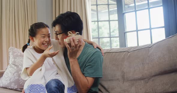 Daughter giving gift box to father in living room 4k alt