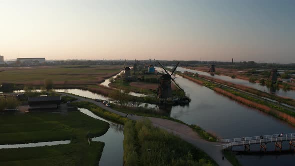 Aerial View of Windmills in the Kinderdijk Area During Sunset. Spring in Holland