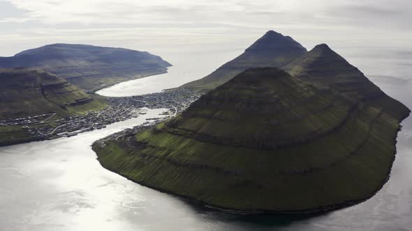 Drone Over Klakkur Mountain With Klaksvik Town Below alt
